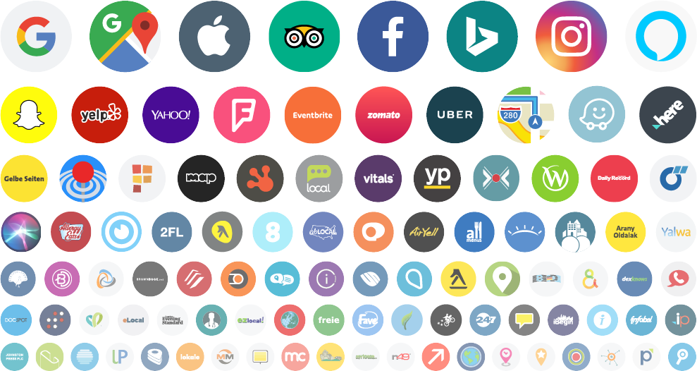 Logos of maps, apps and directories including Google, Google Maps, Apple Maps, Tripadvisor, Facebook, Bing, Instagram, Alexa, Snapchat, Yelp, Yahoo, Foursquare, Uber, Waze and Yellow Pages